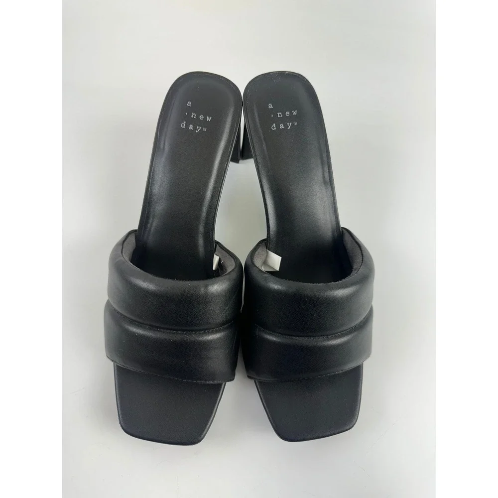 A New Day Padded Slide Heel Sandal Black Faux Leather Square Toe Block Womens 10